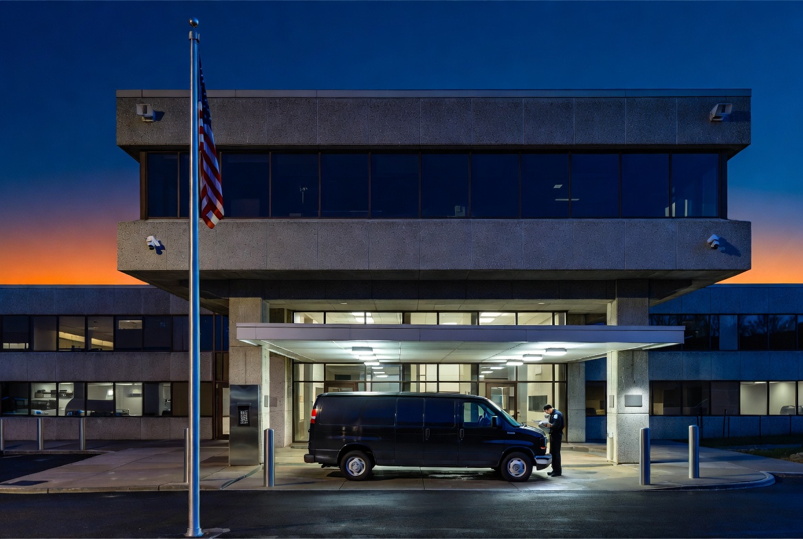 Armored transport vehicle outside federal courthouse