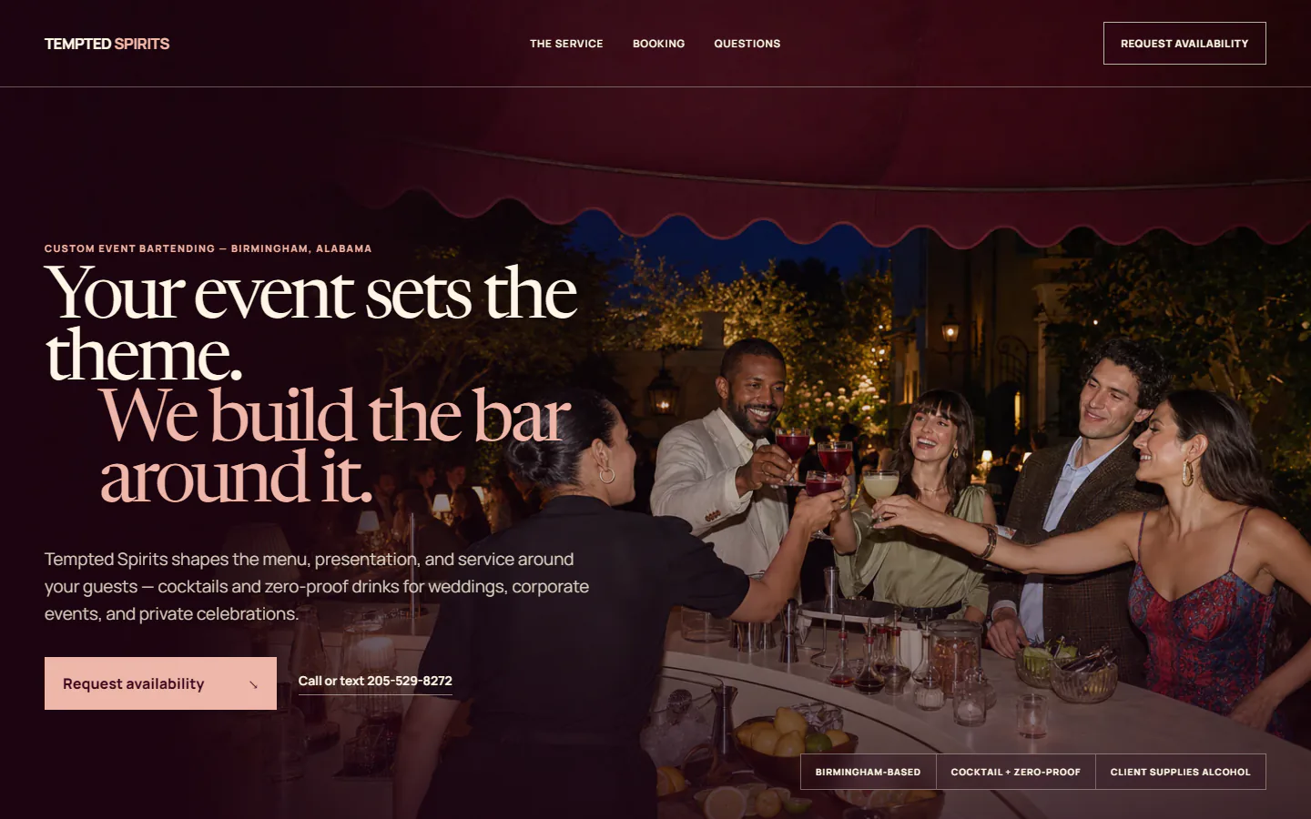 Tempted Spirits event bartending page with an after-dark bar campaign and availability action